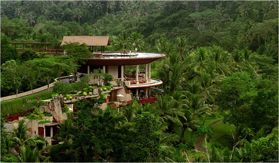 Four Seasons Sayan Bali lotus rooftop lobby met houten brug en uitzicht op rijstvelden
